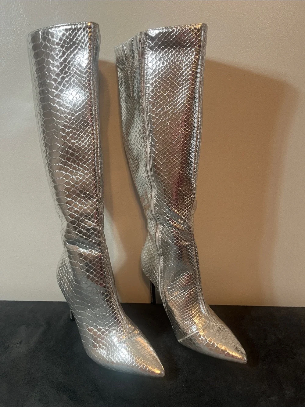 Silver Snake-Embossed Knee-High Pointed Toe Boots SZ 7.5
